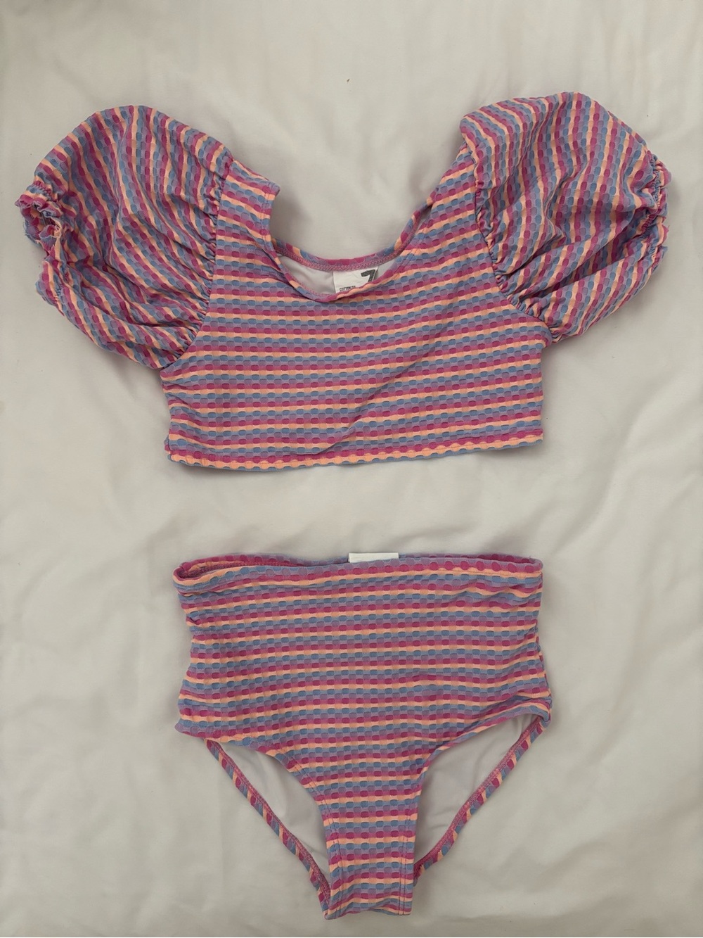 Cotton on Kids Striped Puff-Sleeve Two-Piece Swim Set in Pink, Purple & Blue